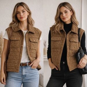 So Me Tan Quilted Vest with Buttoned Pockets
